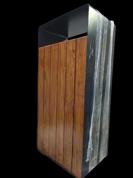 Litter bin with a steel body and timber slat cladding
