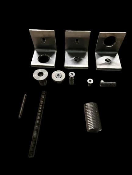 Stainless angle brackets, countersunk bolts, threaded rod and fixing sleeves