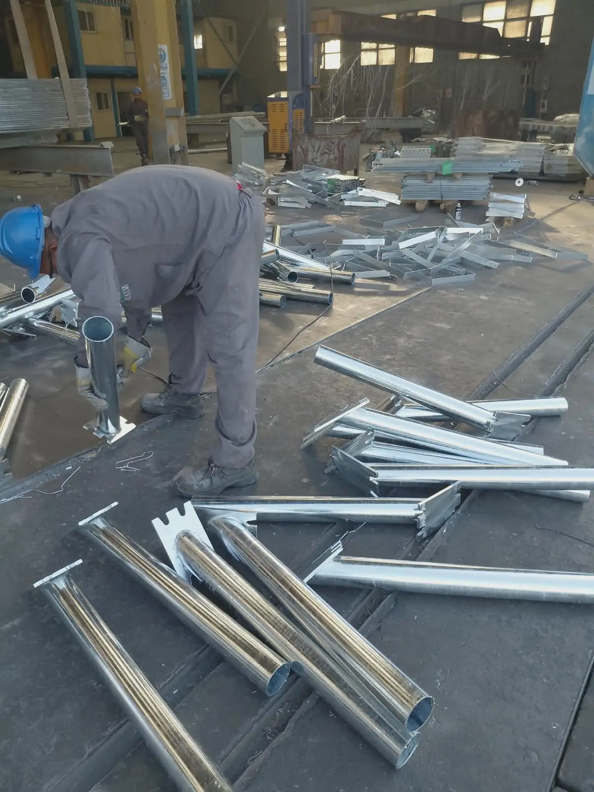Galvanised sign poles and brackets being fabricated in the workshop